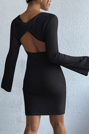 Rib Knit Scoop Neck Flare Sleeve Backless Bodycon Mini Sweater Dress