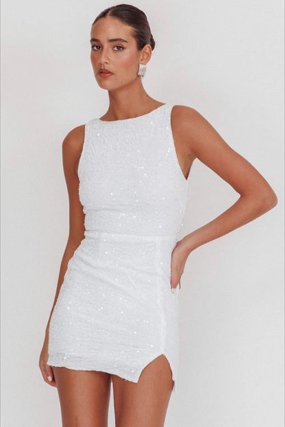 Boat Neck Sleeveless Sequin Side Slit Bodycon Mini Dress