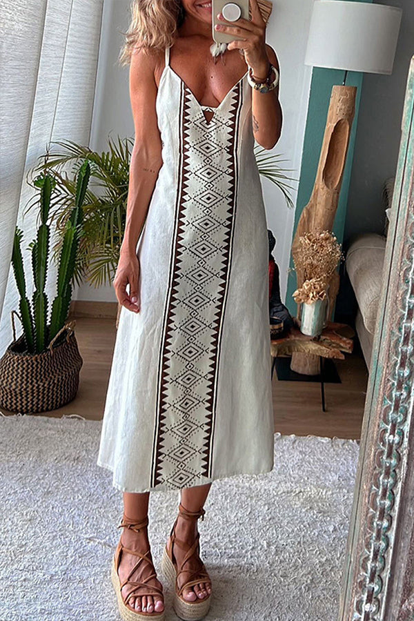 Tribal Geometric Panel Plunge V-Neck Spaghetti Strap Midi Dress