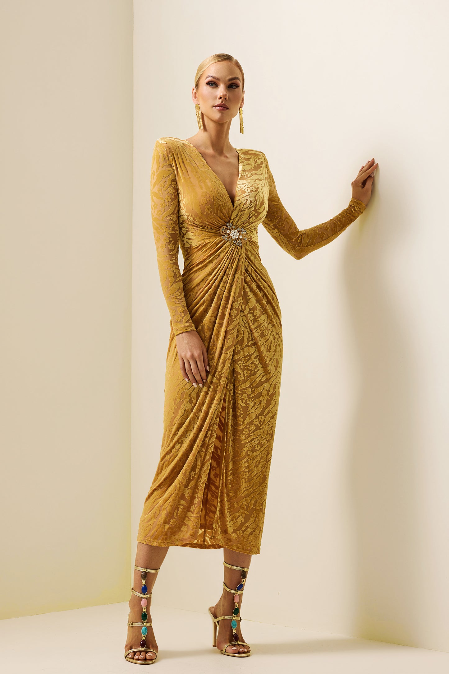 Velvet Burn Out Floral Knotted Midi Dress