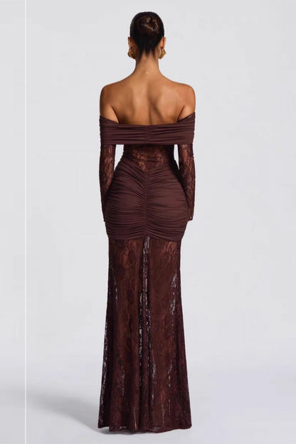 Lace Off Shoulder Ruched Bodice Floral Lace Long Sleeve Mermaid Gown