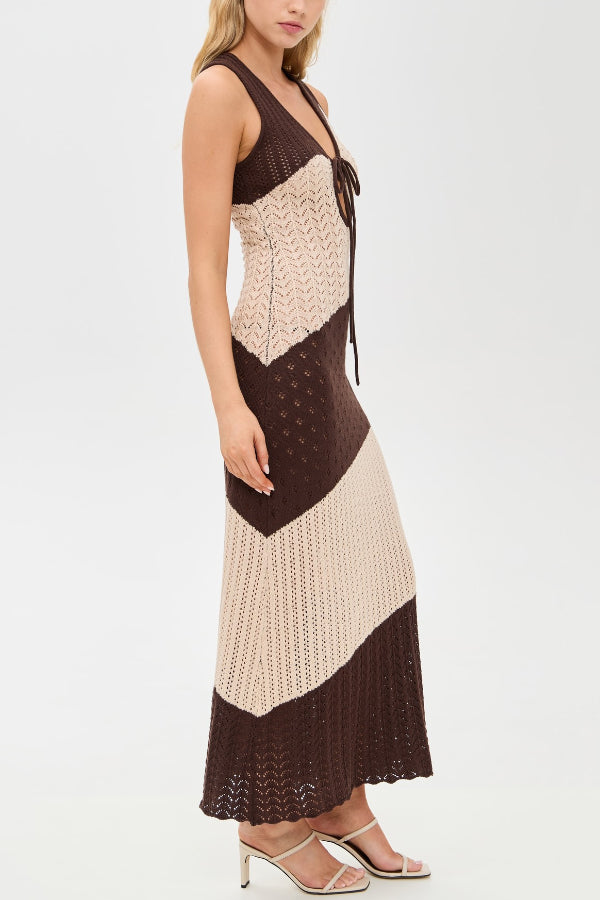 Fashionable Color-blocked Openwork Knit Slim-fit Maxi Dress