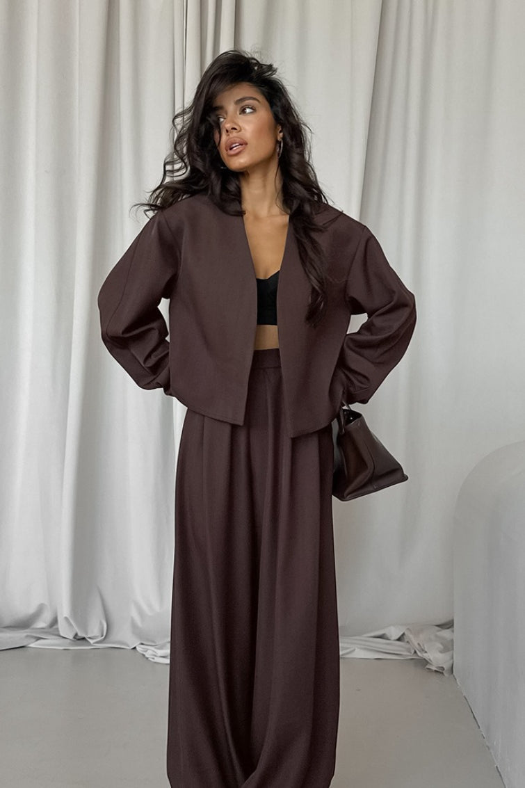 | Solid V-neck Cardigan and Tapered Two Piece Set