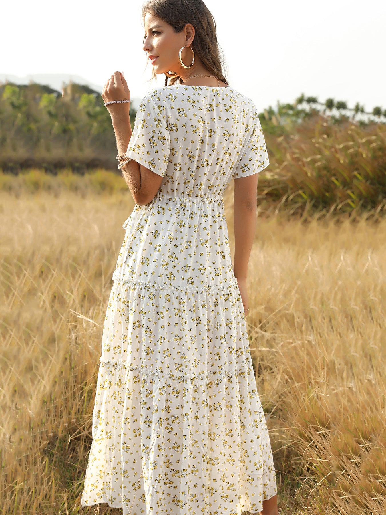 Boho Maxi Dress V Neck Short Sleeves Floral Print Summer Dresses