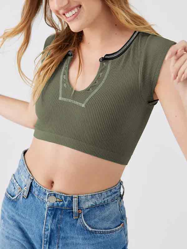 Ribbed Stitch V Neck Crop Short Sleeve Knit