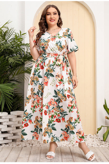 Plus Size High Waist Western V-neck Midi Dress Printed Black Sexy Trendy Dress