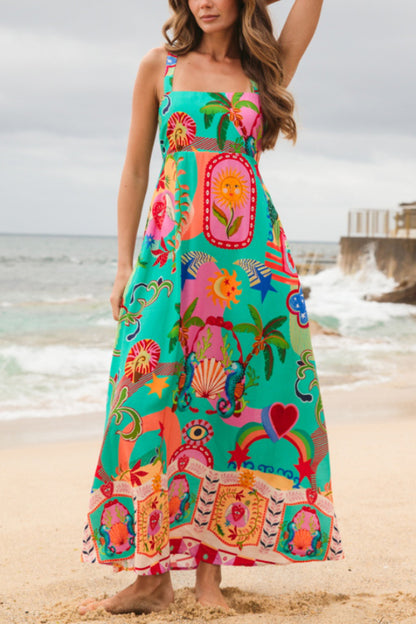 Unique Print Square Neck Spaghetti Strap Back Pleated Casual Maxi Dress