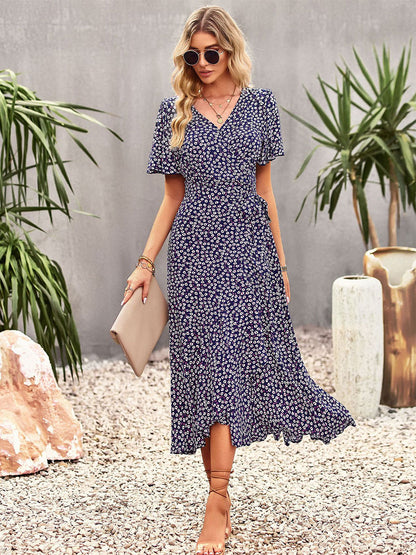 Floral Print Casual V-Neck Short Sleeves Midi Dress