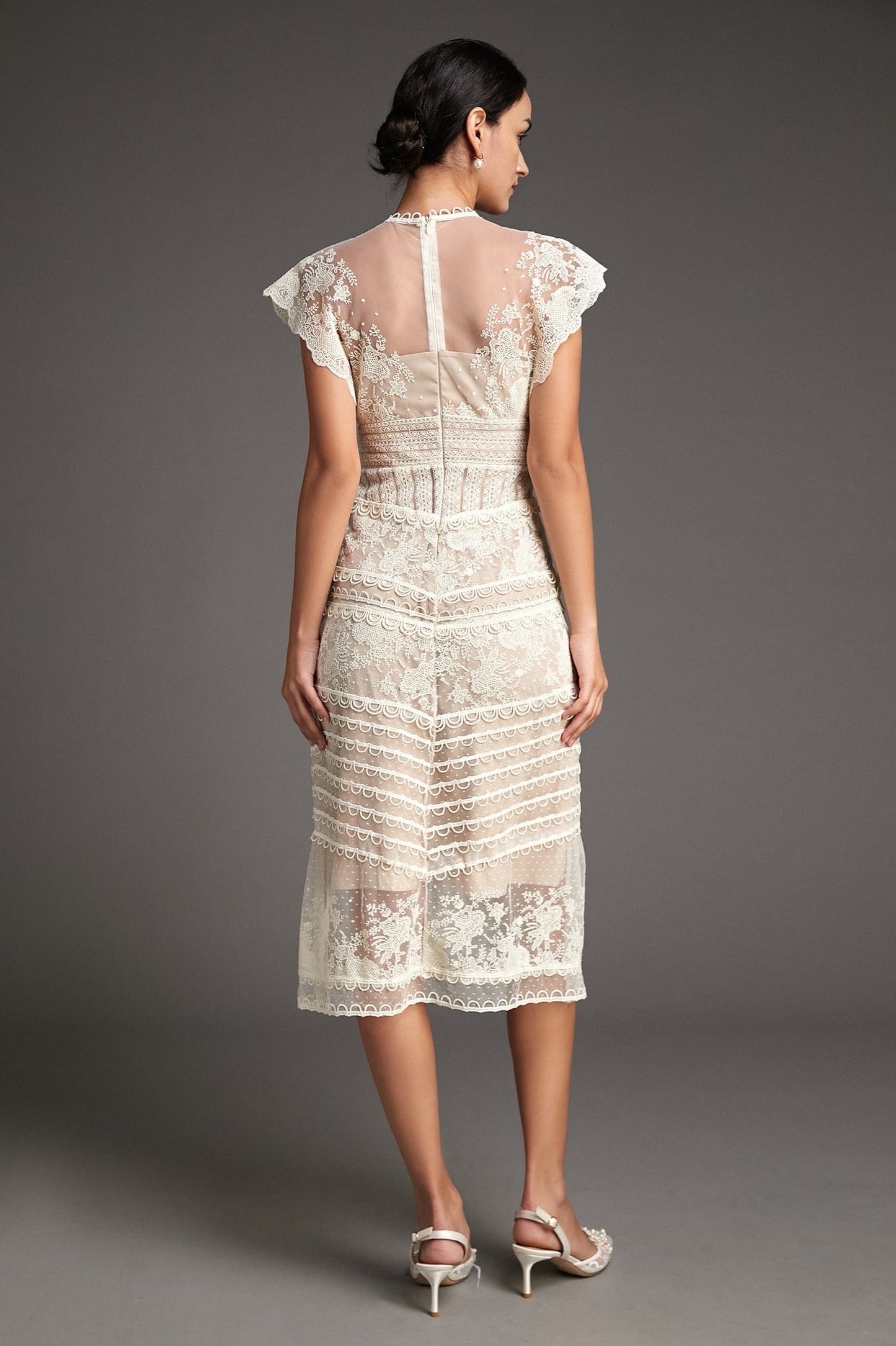 High Neck Lace Yoke Cap Sleeve Button Front Tiered Lace Midi Dress