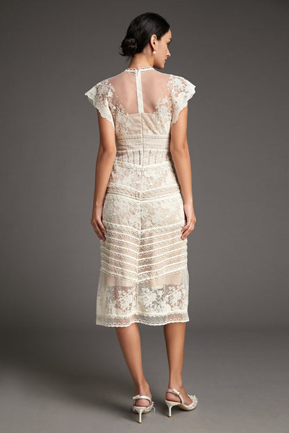High Neck Lace Yoke Cap Sleeve Button Front Tiered Lace Midi Dress