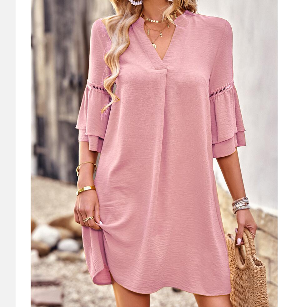 V-Neck Ruffle Sleeve Pocket Mini Dress in Four Colors