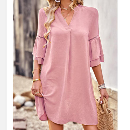 V-Neck Ruffle Sleeve Pocket Mini Dress in Four Colors