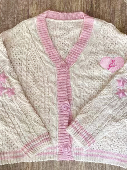 Contrast Trim Star Embroidery V Neck Cardigan