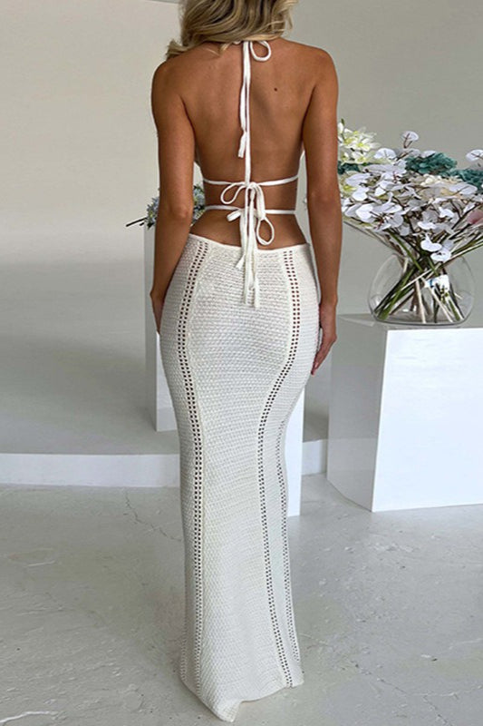 Halter Deep V Neck Crochet Knit Waist Cutout Cord Strap Bodycon Maxi Dress