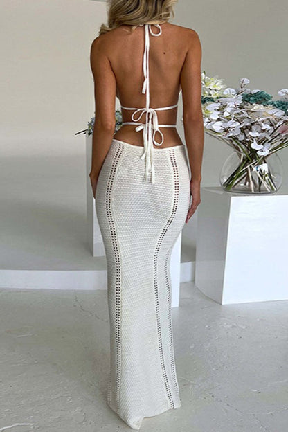 Halter Deep V Neck Crochet Knit Waist Cutout Cord Strap Bodycon Maxi Dress