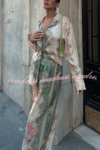 Antibes Satin Court Unique Printed Long Sleeve Loose Shirt and Elastic Waist Pants Set
