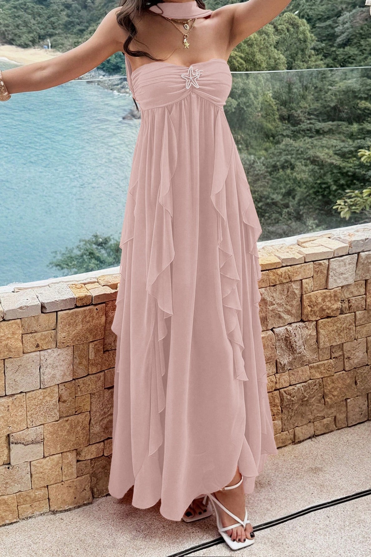 Strapless Ruched Starfish Brooch Cascading Vertical Ruffle Chiffon Maxi Dress