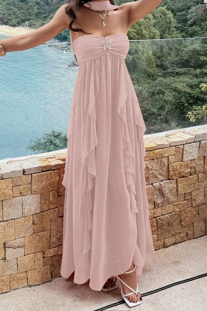 Strapless Ruched Starfish Brooch Cascading Vertical Ruffle Chiffon Maxi Dress
