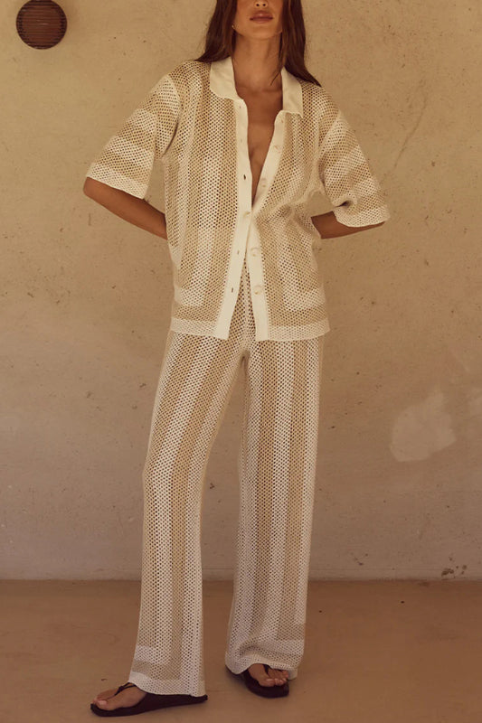 Stylish Knitted Collared Short-Sleeved Button-Up Top and Elastic Waist Casual Pants Cover-Up Set