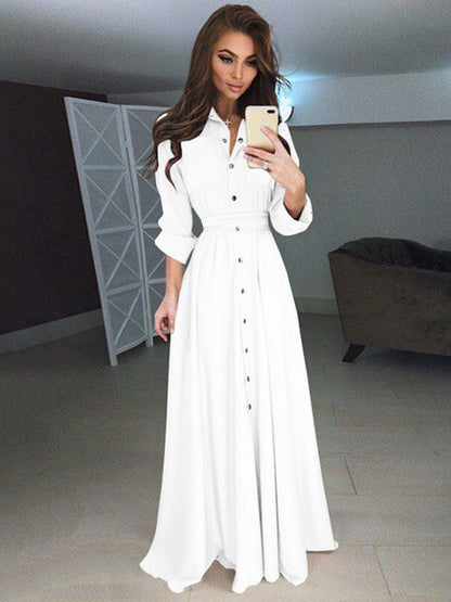 Women Maxi Dresses High Rise Stand Collar Buttons Long Sleeves Floor Length Shirt Dress
