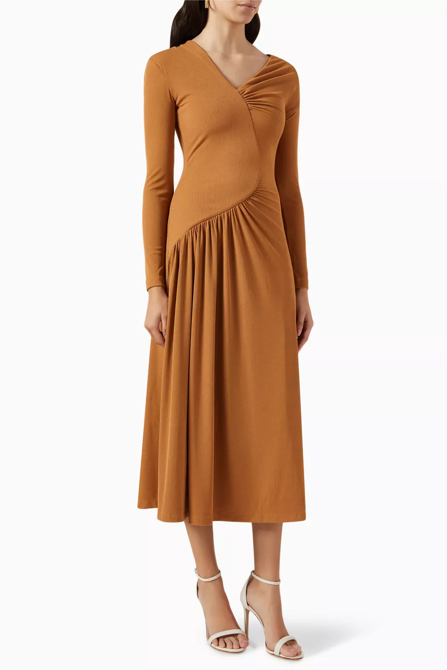 Jersey Solid Ruched Long Sleeve Midi Dress Khaki