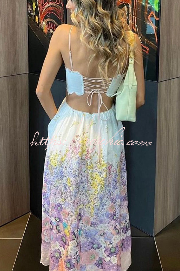 Cabo Sunsets Floral Print Petal Trim Back Lace-up Pocket Midi Dress