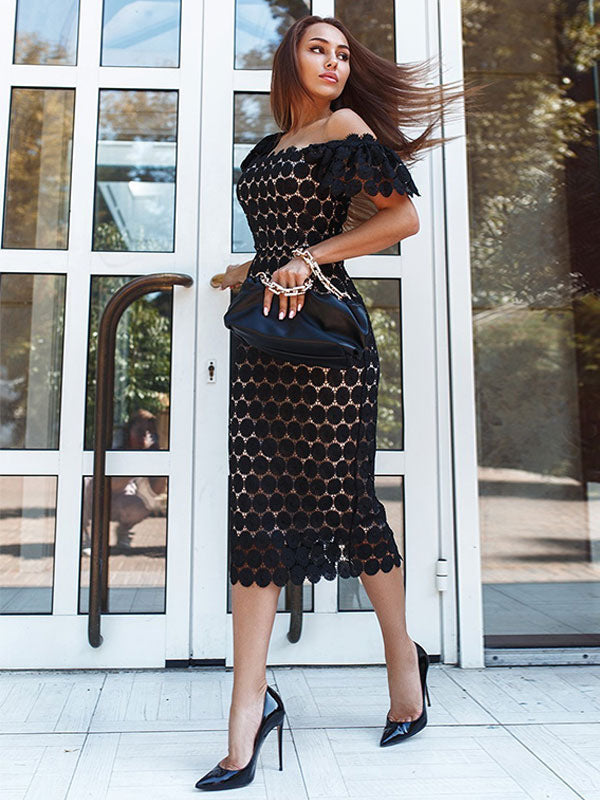 Lace Sexy Square Neck Short Sleeves Midi Dress