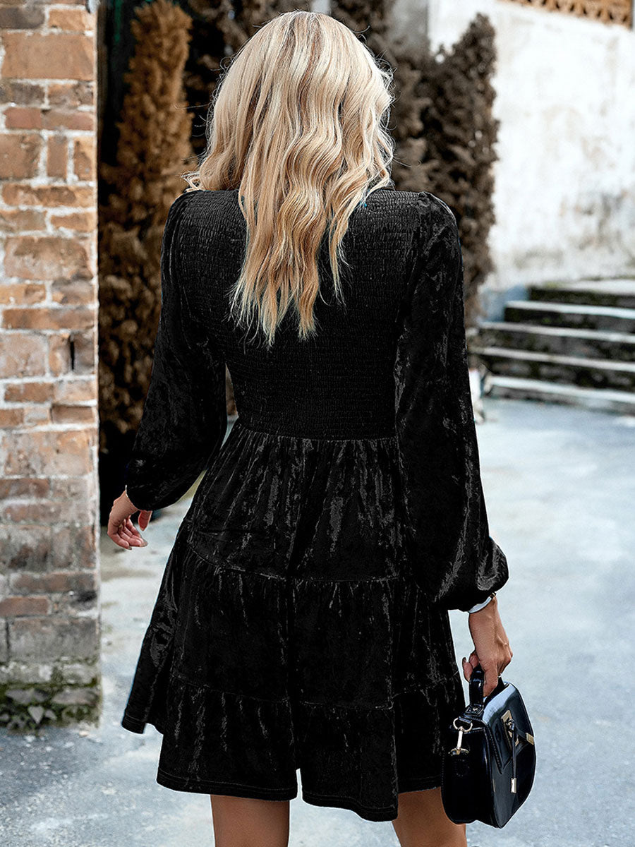 Mini Dresses Velvet Black Long Sleeves Pleated Velour Jewel Neck Dress