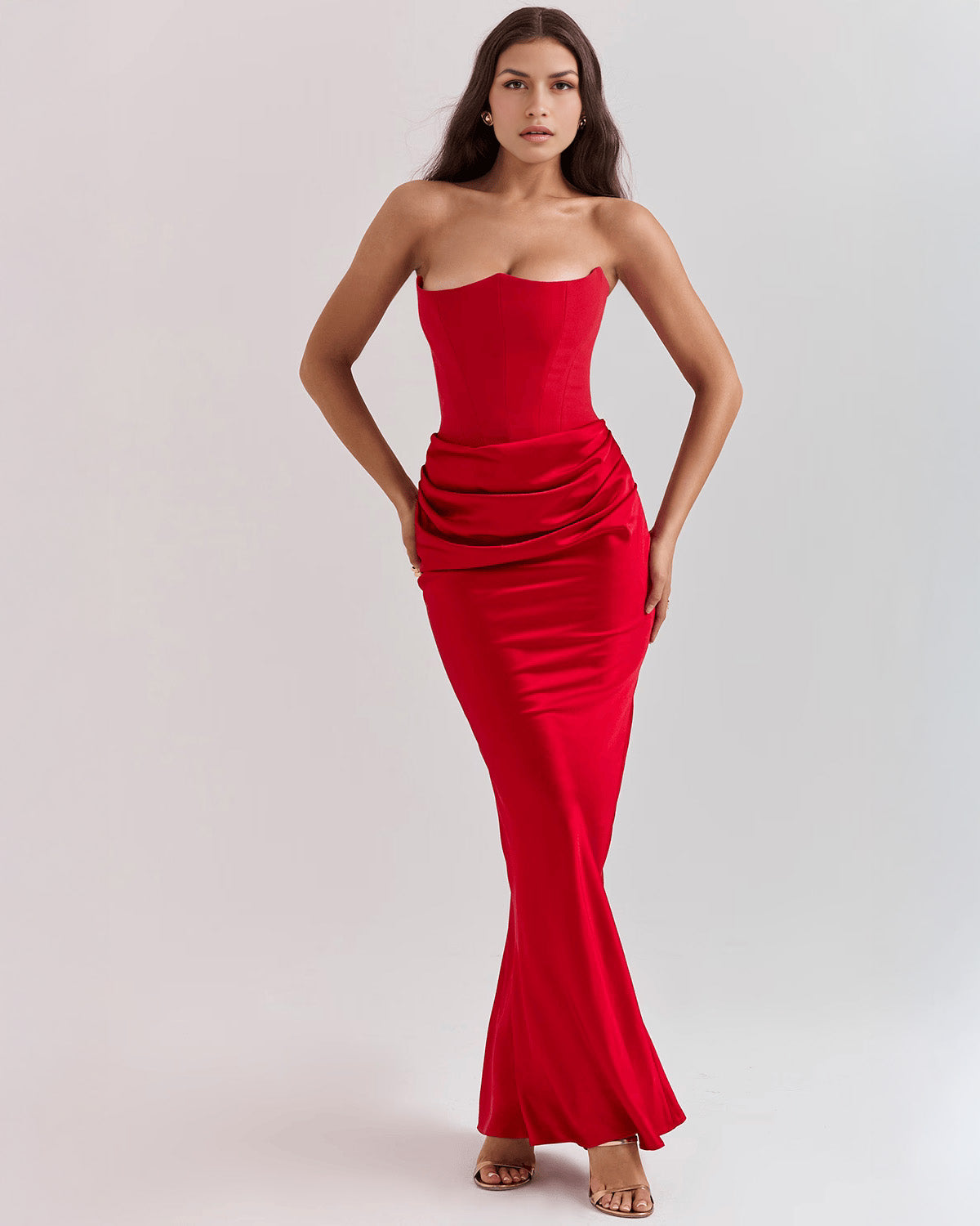 Strapless Pointed Sweetheart Corset Bodice Draped Hip Column Maxi Gown