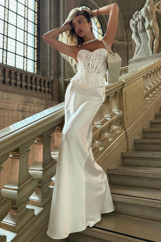 Lace Corset Bustier Sweetheart Neck Satin Column Maxi Gown