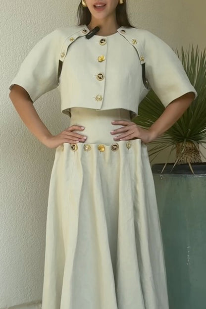 Custom Look Linen Blend Unique Metal Pattern Buttons Lace-up Waist Crisp Hem Maxi Skirt