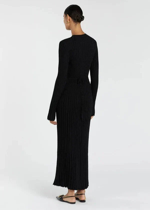 Crew Neck Ribbed Knit Long Sleeve Bodycon Maxi Dress