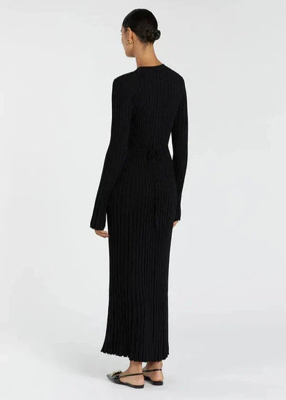 Crew Neck Ribbed Knit Long Sleeve Bodycon Maxi Dress