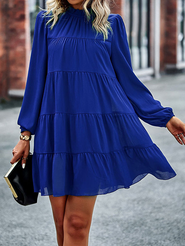 A-Line Bishop Sleeve Elasticity Pleated Solid Color Split-Joint Tied Mock Neck Mini Dresses