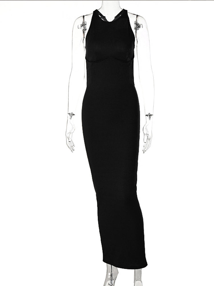 Ribbed Solid Hollow Out Backless Sleeveless Sexy Slit Mini Dress Bodycon 2024 Summer Women Outfits Elegant Party Y2K