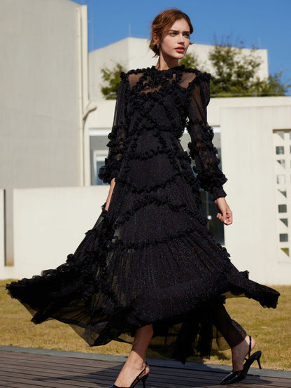 Ruffles Dress Illusion Long Sleeves High Collar Tulle Party Maxi Dresses