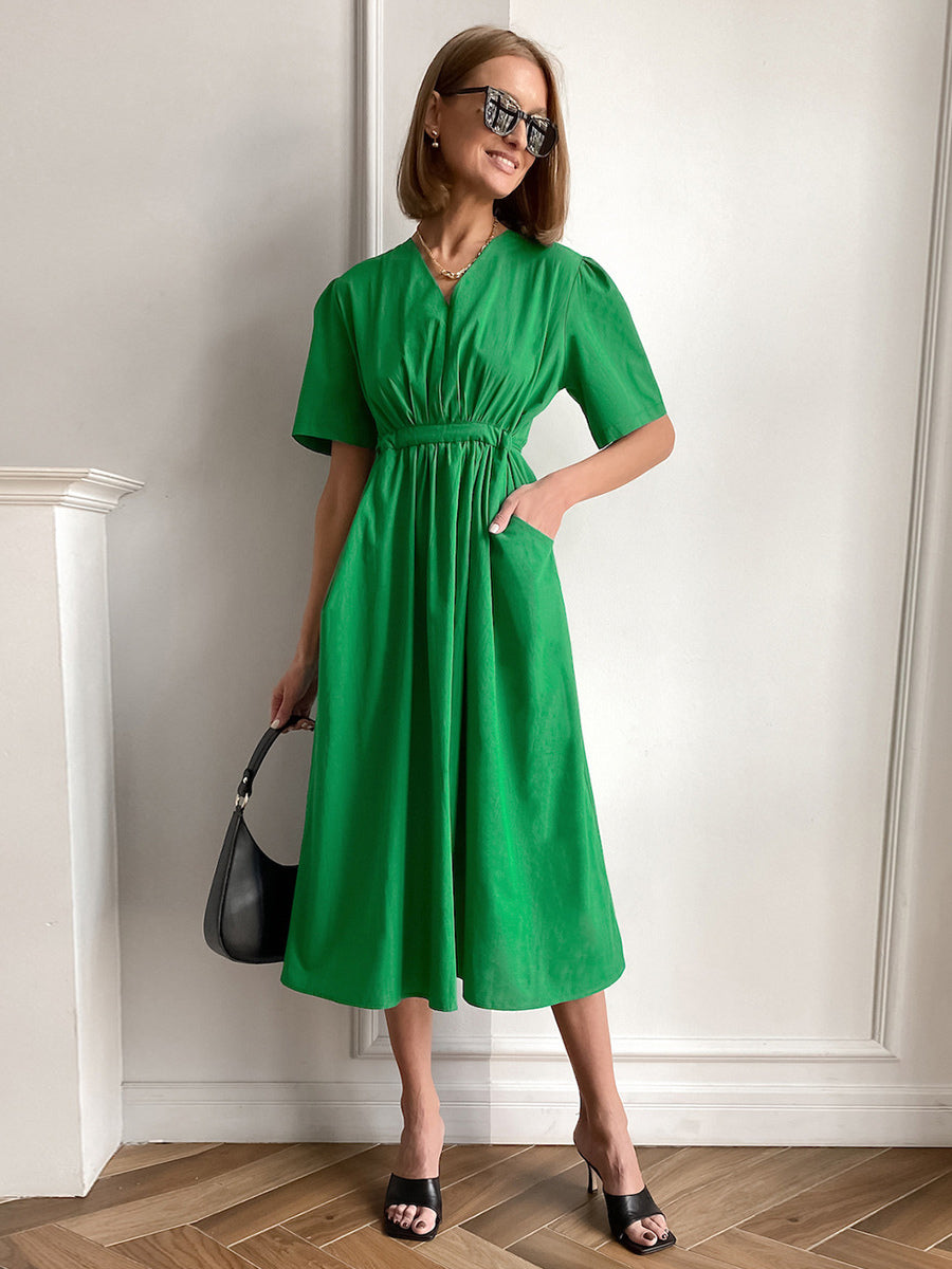 Summer Dress Short Sleeves V-Neck Pleated Pockets Casual Midi Dresses