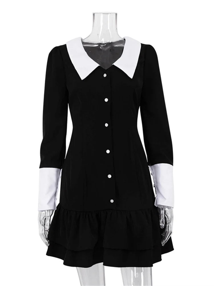 Tossy Vintage Contrast Mini Dress Female Ruffled Patchwork Lapel Elegant Club Gown Bandage Long Sleeve Fashion Slim Dress 2023