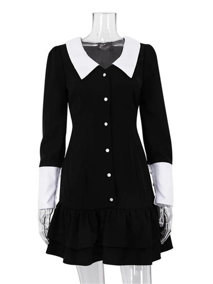 Tossy Vintage Contrast Mini Dress Female Ruffled Patchwork Lapel Elegant Club Gown Bandage Long Sleeve Fashion Slim Dress 2023