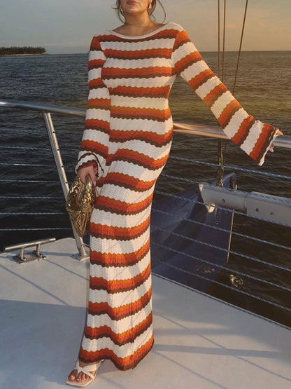 Long Sleeves Loose Backless Split-Joint Striped Round-Neck Maxi Dresses Sweater Dresses