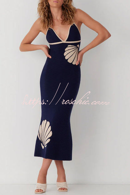 Mermaid Princess Knit Shell Pattern Fishtail Hem Halter Stretch Midi Dress
