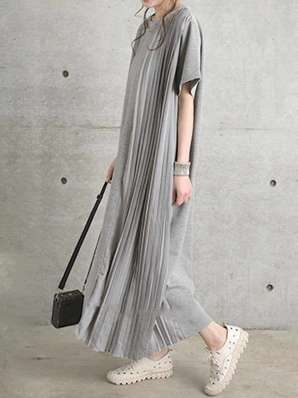 Loose Short Sleeves Pleated Solid Color Split-Joint Round-Neck Midi Dresses