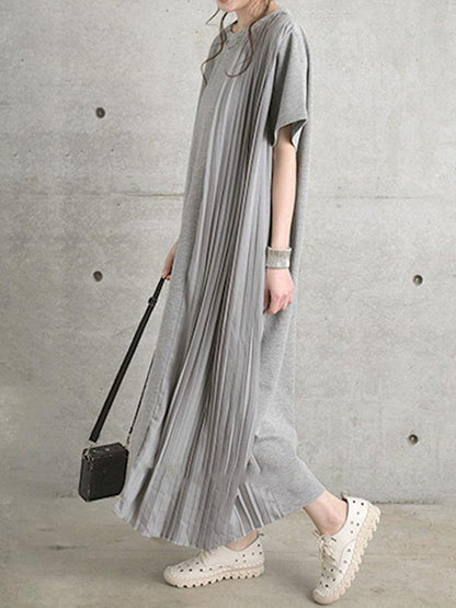 Loose Short Sleeves Pleated Solid Color Split-Joint Round-Neck Midi Dresses