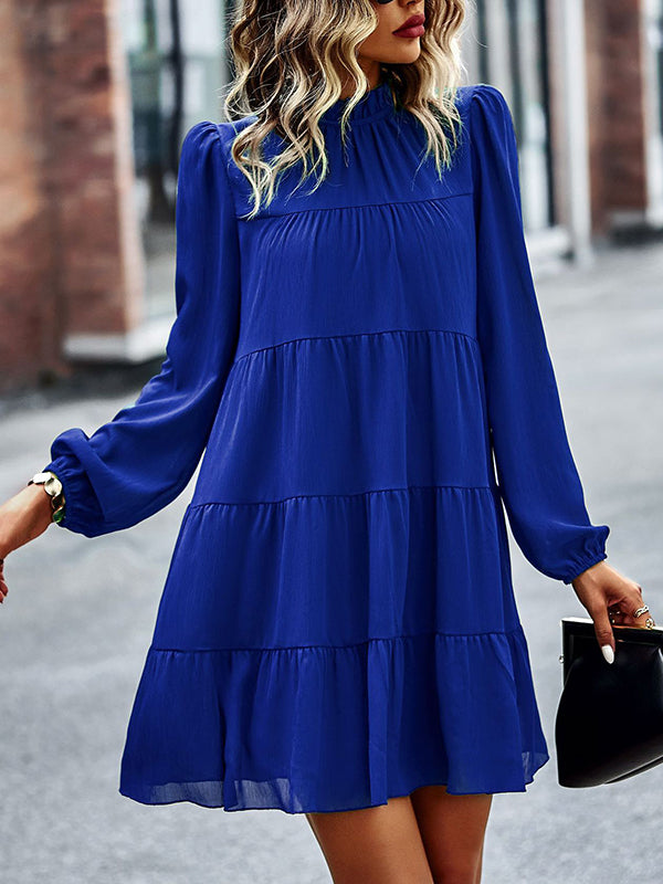 A-Line Bishop Sleeve Elasticity Pleated Solid Color Split-Joint Tied Mock Neck Mini Dresses