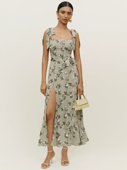 BUDDING BEAUTY SPLIT FLORAL MAXI DRESS - GREY