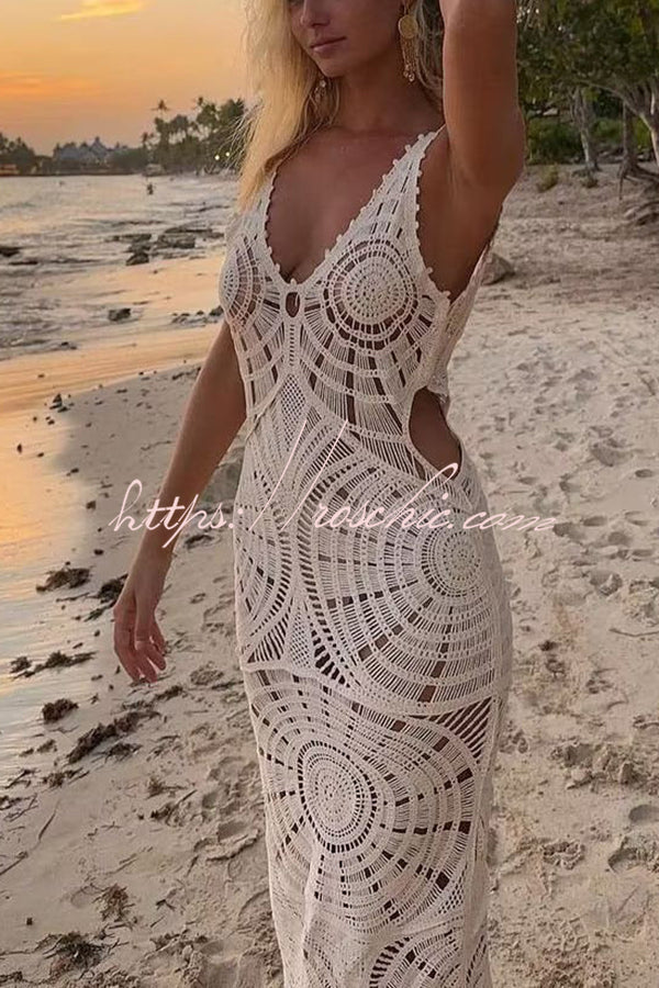On Vacay Time Crochet Lace Cutout Waist Coverup Stretch Maxi Dress