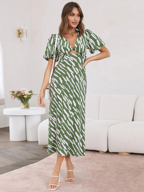 Print Midi Dress Printed Short Sleeves V-Neck Casual Cut Out Medium Summer Dresses
