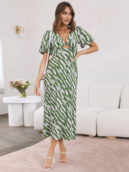 Print Midi Dress Printed Short Sleeves V-Neck Casual Cut Out Medium Summer Dresses