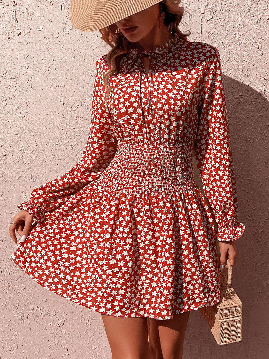 Mini Dresses Burgundy Floral Print Long Sleeves Short Dress