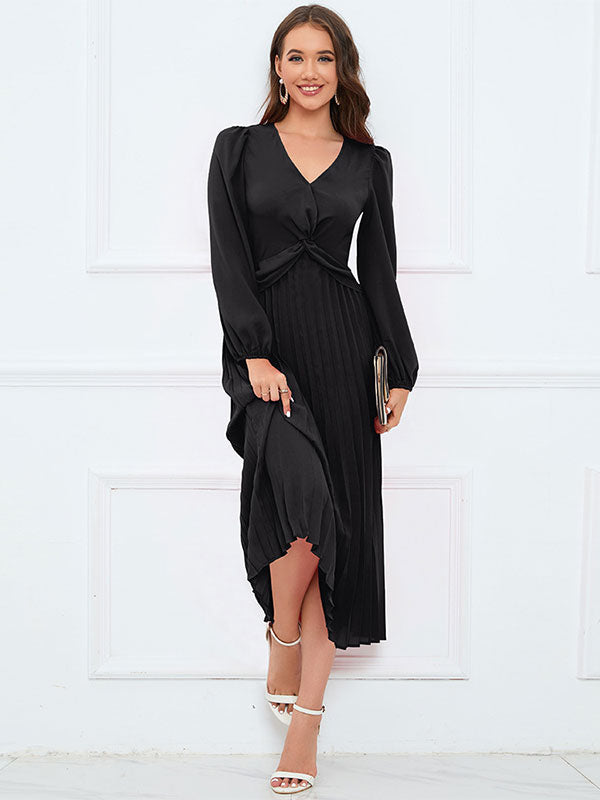 Midi Dress Pleated V-Neck Long Sleeves Casual Fall Dresses